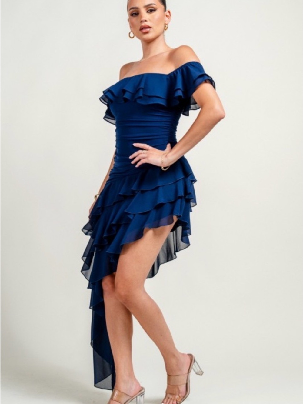 Off-Shoulder Navy Ruffle Asymmetrical Dress - Picture 3 of 4
